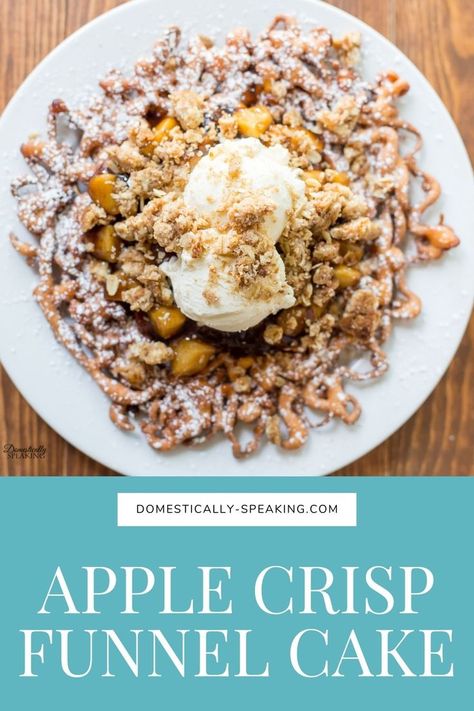 The ultimate fall treat - this Apple Crisp Funnel Cake is a delicious funnel cake topped with apple pie filling, ice cream, and finished off with a crumb topping. Apple Pie Funnel Cake, Easy Buckeyes, Crumb Topping Recipe, Homemade Funnel Cake, Desserts Pastry, Fall Fair, Funnel Cake Recipe, Pinterest Food, Beaver Tails