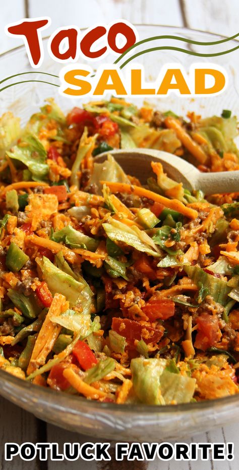 This TACO SALAD recipe is my go-to when I want a quick and easy meal. I love the spices and Doritos crunch! Plus, as evidence proved, it's a hit to take along to dinners and functions, it's the perfect camping and potluck salad! #tacosalad #salad #saladrecipe #camping #potlucksalad Potluck Taco Salad, Western Taco Salad, Party Taco Salad, Taco Salad Meat Recipe, Taco Salad Potluck, Taco Salad For Party, Pioneer Woman Taco Salad, Salad For A Potluck, Cold Taco Salad With Doritos