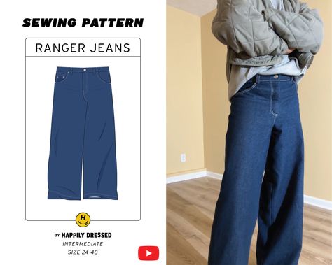 Ranger Jeans PDF Men's Sewing Pattern, Sizes 24-48, Video Tutorial, Wide Leg Jeans, Stacked Jeans, Men's Jean Pattern - Etsy Denmark Baggy Jeans Sewing Pattern, Jeans Video, Stacked Jeans, Mens Sewing Patterns, Men's Denim Style, Wardrobe Planning, Jean Large, Patterned Jeans, Paper Sewing Patterns