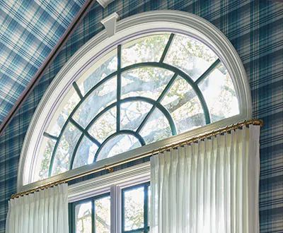 Curtains for Arched Windows: Design Tips Curtain For Arched Window, Curtain On Arched Window, Curved Window Curtains, Curtains On Curved Window, Arch Window Covering Ideas, Types Of Drapes, Window Treatments For Arched Windows, Transom Window Treatments, Arched Window Coverings