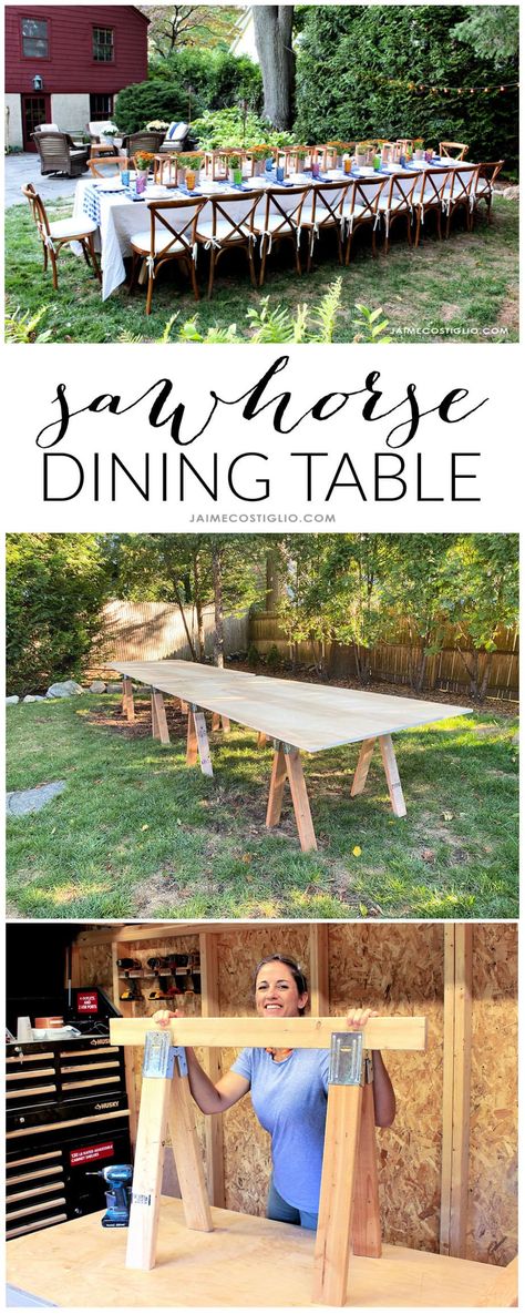 A DIY tutorial to build a sawhorse dining table. Make these simple sawhorses to serve as bases for a large portable dining table. #sawhorses Diy Long Table Dining, Diy Outdoor Dinner Table, Diy Large Dinner Table, Diy Table Garden, Diy Long Wood Table, Entertaining Garden Ideas, Diy Event Table, Diy Backyard Dining Table, How To Build A Table Easy