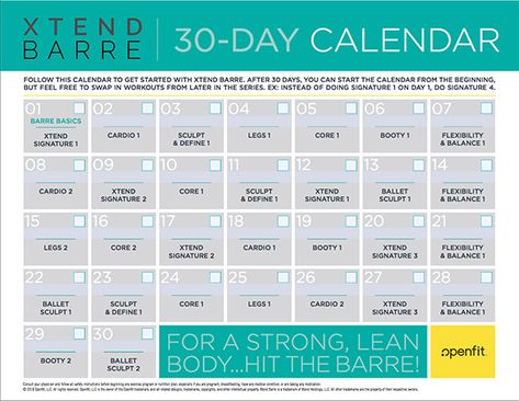 Xtend Barre Program Calendars | 30-Day Workout Plan | Openfit Xtend Barre, 30 Day Workout Plan, Barre Workouts, 30 Day Plank, 30 Day Plank Challenge, Beachbody Workouts, Barre Pilates, Month Workout, Plank Challenge