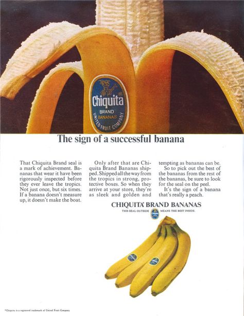 Chiquita - 19651200 McCalls Vintage Food Labels, Chiquita Banana, Fruit Company, Vintage Advertising Art, Banana Fruit, Food Ads, Retro Ads, A Banana, Vintage Advertisement