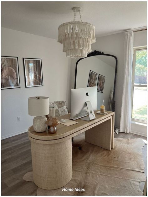 Women’s Home Office Aesthetic, Beige Home Office Aesthetic, Neutral Boho Home Office, Desk Asthetic Picture, Organic Modern Office Desk, Home Office Inspo Modern, Office Space Aesthetic Woman, Home Studio Office Ideas, Neutral Aesthetic Desk