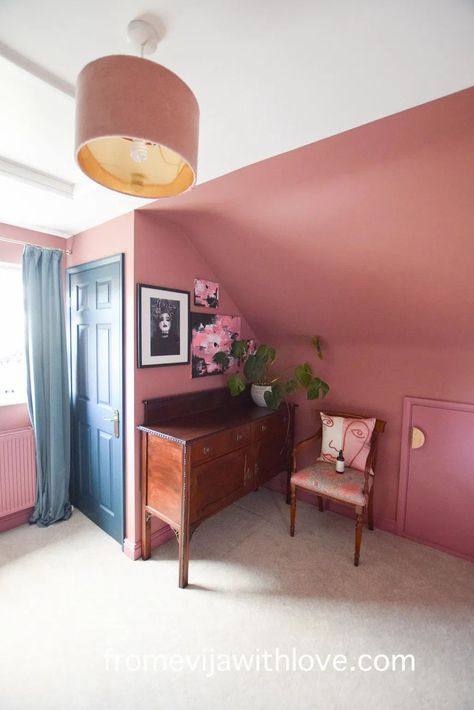 Pink Woodwork Bedroom, Dormer Bedroom Paint Colors, Pink Bedroom Ceiling, Farrow And Ball Crimson Red, Dark Pink Walls Bedroom, Dark Pink Bedroom Walls, Dark Pink Ceiling, Dark Pink Accent Wall, Deep Pink Bedroom