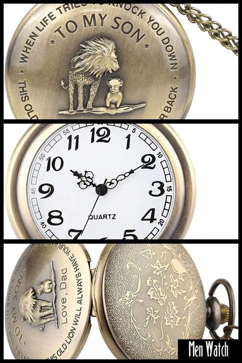 Pocket Watch Sculptures -Pocket watch gifts idea features the words " The words " To my Son, when life tries to knock you down , this old lion will always have your back , Love dad " Pocket watch with bronze material, delicate carvings, wonderful message to Sons. A gift of commemoration can be ignored. approximately 4.5cm in diameter. Each... #Amazon. Amazon Affiliate link #pocket #watch #gift #son #dad #memories #birthday # #ideas #clothing #shoes #amp #jewelry Words To My Son, Old Lion, In Memory Of Dad, To My Son, Watch Gift, Son Gift, Dad Birthday Gift, Father Christmas, Watch Gifts