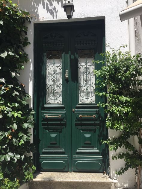 Emerald Front Door, Painted French Doors, Green Doors, Best Front Door Colors, Cottage Front Doors, House Main Door, Green Front Doors, House Main Door Design, Front Door Paint Colors