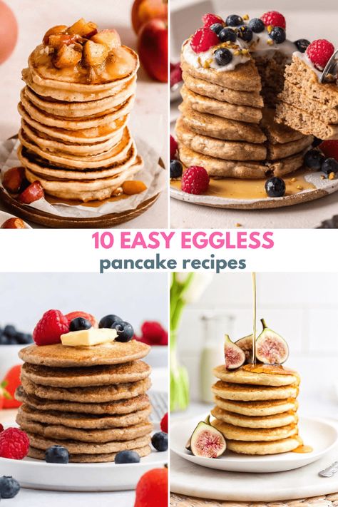 10 Easy Eggless Pancakes - Creative Nourish Egg Free Pancake Recipe, Eggless Banana Pancakes, Eggless Pancake Recipe, Eggless Pancakes, Homemade Baby Snacks, Egg Free Pancakes, Eggless Breakfast, Brunch Dessert, Wheat Pancakes