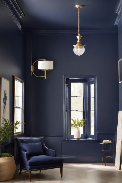 Hale Navy, Benjamin Moore, Navy Blue, Color Trend Benjamin Moore Mysterious Vs Hale Navy, Navy Monochromatic Bedroom, Benjamin Moore Hale Navy Accent Wall, Dark Blue Benjamin Moore Paint, Admiral Blue Benjamin Moore, Black And Navy Room, Benjamin Moore Hale Navy Bedroom, Navy Black Paint Color, Navy Basement Walls