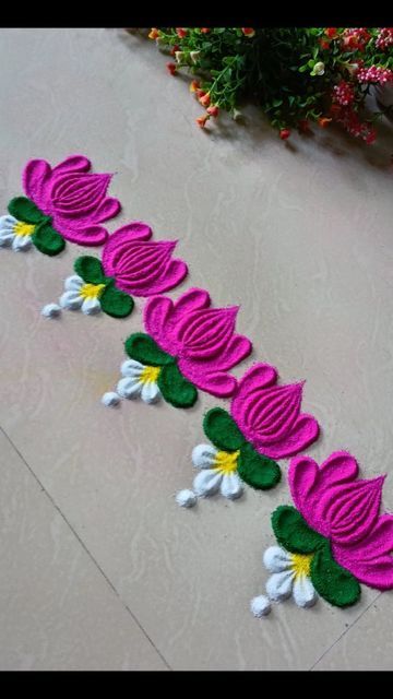 Rangoli Designs Theme Based, Rangoli On Steps, Easy Round Rangoli Design, Rangoli Near Door, One Line Rangoli Designs, Border Flower Rangoli, Beautiful And Easy Rangoli Designs, Rangoli Circle Designs, Simple Lotus Rangoli Designs