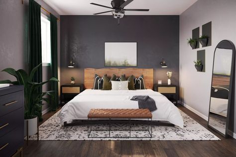 Contemporary Bohemian Bedroom, Modern Bedroom Dark Floor, Modern Bedroom Masculine, Contemporary Vintage Bedroom, Masculine Mid Century Modern Bedroom, Modern Eclectic Decor Bedroom, Midcentury Modern Bedroom Decor Ideas, Meadow Bedroom, Bohemian Modern Bedroom