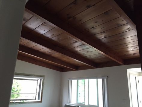 Need lighting solution for vaulted wood ceiling Vaulted Wood Ceiling, Cove Lighting Ceiling, Recessed Can Lighting, 1950s California, Can Lighting, Beach Kitchen, California Bungalow, Beach Kitchens, Attic Space