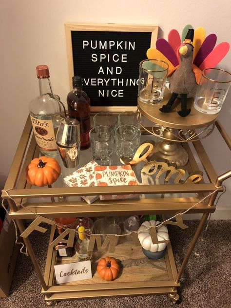 Dessert Cart Ideas, Booze Cabinet, Thanksgiving Bar Cart, Pumpkin Spice Cocktail, Dessert Cart, Cabin Bar, Hosting Ideas, Cart Ideas, Pumpkin Spice And Everything Nice