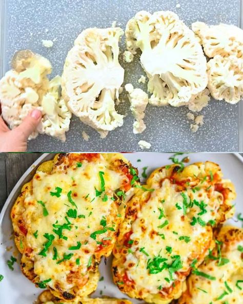 Cauliflower Parmesan Steaks - Greenku Recipes Cauliflower Parmesan Steaks, Cauliflower Parmesan, Low Calorie Cookies, Sugar Free Oatmeal, Roasted Cauliflower Steaks, Low Calorie Vegetables, Healthy Fruit Desserts, Cheese Alternatives, Cauliflower Steaks