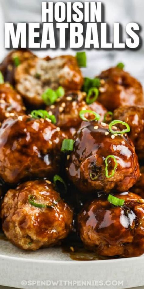 Try these easy Asian inspired meatballs made with hoisin sauce, sesame, ginger, & lime! This sticky and tangy sauce is super tasty! #spendwithpennies #asianmeatballs #meatballs #entree #appetizer #sticky #easy #sauce #spicy #pork #baked #oven #sweetandspicy #homemade #asian Meatballs Entree, Hoisin Meatballs, Asian Pork Meatballs, Asian Chicken Meatballs, Asian Meatballs, Tender Meatballs, Glazed Meatballs, Asian Pork, Meatball Recipes Easy