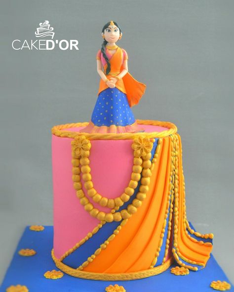 A traditional Indian Saree theme cake!   #punecakes #punebaker #halfsareecake #sareecake #cakedor Half Saree Cake Designs, Half Saree Function Cake, Saree Cake Design, Saree Theme Cake, Saree Cake, Saree Dhoti, Puberty Function, Fondant Horse, Traditional Indian Saree