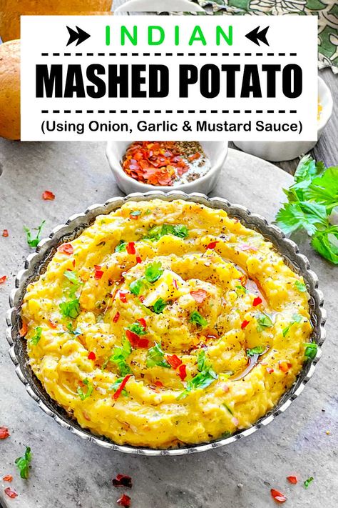 Indian Mashed Potatoes - Aloo Bharta (Mustard, Onion & Garlic) - Curried Mashed Potatoes Yellow Curry Potatoes, Indian Mashed Potatoes, Curry Mashed Potatoes, Mashed Vegetable Recipes, Spicy Mashed Potatoes, Potato Curry Indian, Mash Potato Recipes, Potato Recipes Indian, Potato Aloo