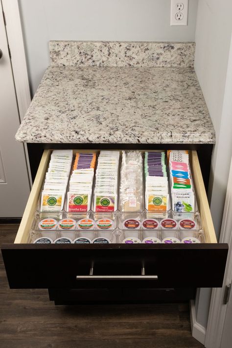 Organizing Tea Bags, How To Organize Tea Bags, Coffee Tea Drawer, Diy Tea Bag Organizer, Tea Bag Organization, Display Tea Bags, Coffee Drawer Organization, Tea Bag Storage Ideas, Tea Drawer Organization