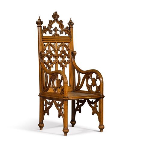 An early Victorian Gothic Revival carved oak armchair, mid-19th century, in the manner of A.W.N. Pugin | Furniture, Clocks & Works of Art | 2021 | Sotheby's Gothic Furniture Victorian, Gothic Revival Furniture, Victorian Gothic Revival, Art Diorama, Bus Stop Design, Dinner Chair, Gothic Pattern, Oak Armchair, Gothic Furniture