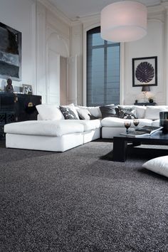 Dark grey carpet                                                                                                                                                     More Dark Grey Carpet Living Room, Grey Carpet Living Room, Grey Carpet Bedroom, Dark Grey Carpet, Dark Carpet, Carpet Ideas, White Carpet, Trendy Living Rooms, Floor Carpet