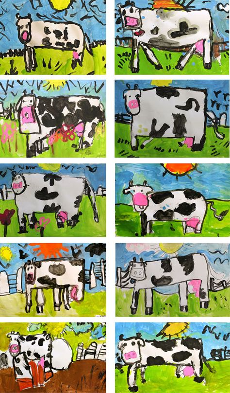 Easy steps to learn how to draw and paint a cow. Art lesson for kids. Rodeo Art Elementary, Farm Art Projects, Farm Animal Art Projects, Drawing Cows, Painted Cows, Farm Artwork, Rodeo Art, Cow Paintings, Kindergarten Art Lessons