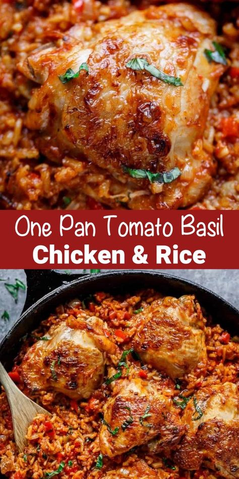 One Pan Tomato Basil Chicken And Rice, Tomato Basil Chicken And Rice, Tomato Basil Rice, Chicken Rice Dinner, Basil Rice, Chicken Bakes, Chicken Rice Recipe, Tomato Basil Chicken, Chicken Tomato