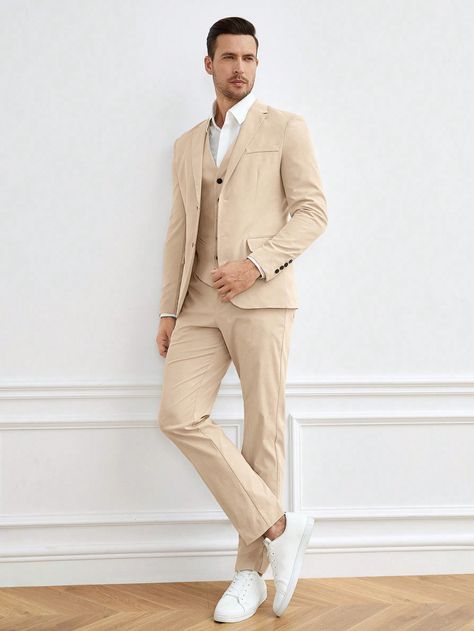 Manfinity Mode Men Solid Blazer & Vest Blazer & Pants Without ShirtI discovered amazing products on SHEIN.com, come check them out! Grey And Khaki Outfit, Beige Blazer Men, Outfits Frescos, Gold And White Outfit, Blazer Men Outfit, Outfit Boda, Casual Wedding Outfit, White Outfit For Men, Khakis Outfit