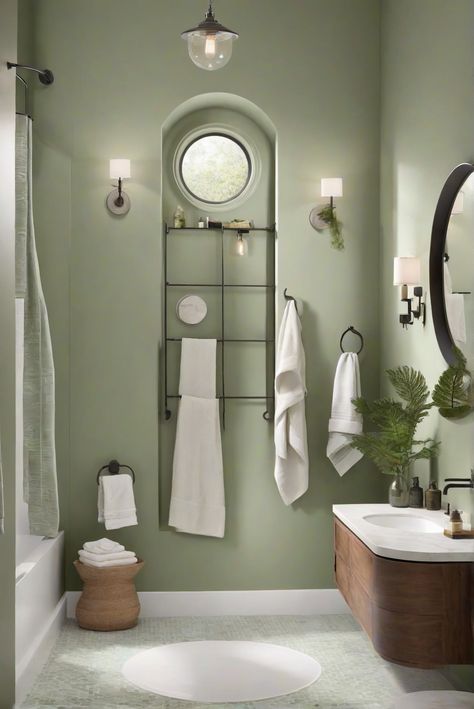 Experience the serene bathroom vibe with rich green tones like Fiddlehead Green (BM 2041-20) as you dive into our daily interior designer routine for a touch of luxury. #Ad #homedecor #homedesign #bathroom #Painthome interiorarchitecture best Wall Colors for Bathroom Colors Bright Room Colors best colors combinations bathroom bathroom Remodeling Modern Paint Colors 2024 Jade Bathroom Ideas, Bathroom Color Ideas 2024, Green Paint For Bathroom, Guest Bathroom Green, Grey Green Bathroom, Bathroom With Green Accents, Bathroom Wall Paint Colors, Bathroom Green Walls, Bathroom Light Green