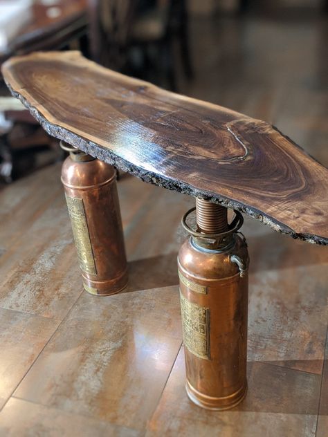 Antique Fire Extinguisher Ideas, Antique Fire Extinguisher, Fire Extinguisher Ideas, Sheds Ideas, Steampunk Table, Recycled Products, Firefighter Decor, Man Shed, Diy Rustic Decor