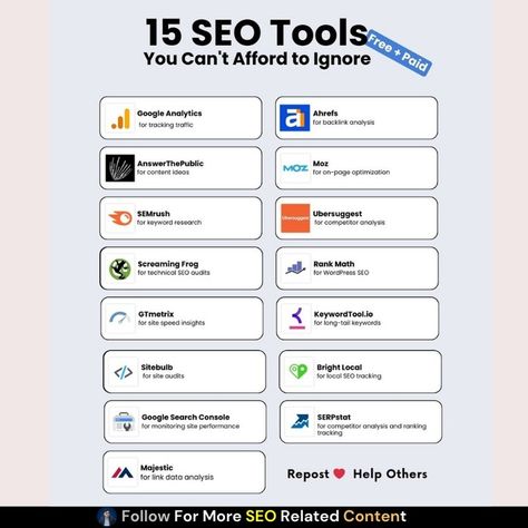 🔥15 Amazing SEO Tools (Free + Paid) You Need to Try! 🚀 📈 Boost your SEO game with these essential tools. Don’t forget to share your go-to tool in the comments! 💬 ♻️ Repost to spread the knowledge! PS: Follow me for monthly SEO insights and tips! 🔥 #SEO #SearchEngineOptimization #FreeTools #SEOTools #brainfrog Screaming Frog, Seo Explained, Best Seo Tools, Free Seo Tools, Seo Basics, Wordpress Seo, Competitor Analysis, Seo Tools, Google Analytics