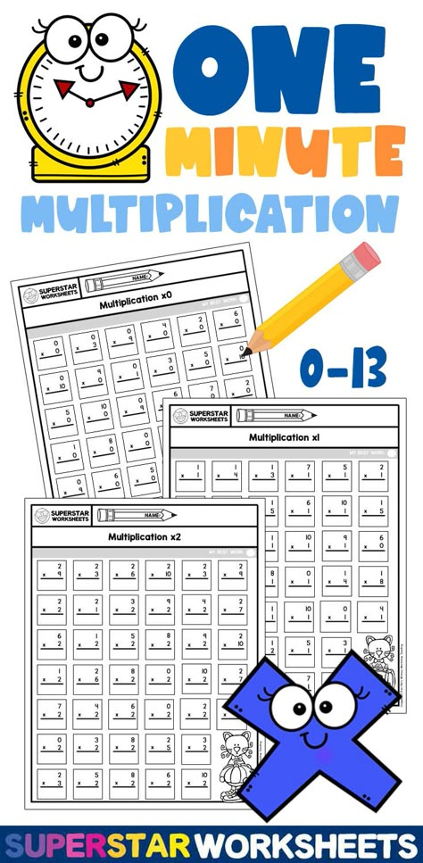 Free, printable One Minute Multiplication Worksheets! Here is your one-stop (free) shop for multiplication dill worksheets. Our simple, single-page multiplication worksheets can be used in a variety of ways. Use them to teach, drill, memorize, repeat, test and so much more. Multiplication Worksheets 3rd, Free Printable Multiplication Worksheets, Ece Activities, Math Worksheets For Kids, Free Multiplication Worksheets, Printable Multiplication Worksheets, Math Multiplication Worksheets, Math Night, Learning Multiplication