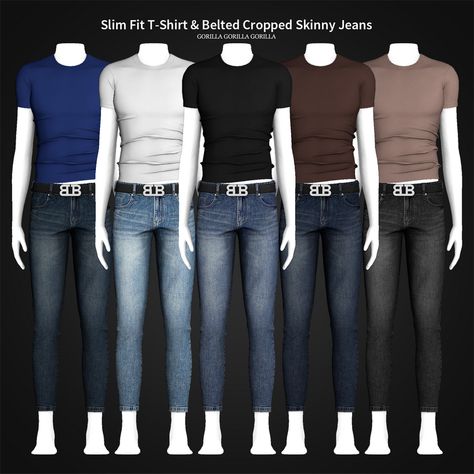 Slim Fit T-Shirt & Belted Cropped Skinny Jeans | Gorilla Gorilla Gorilla on Patreon Gorilla Cc Sims 4, Sims 4 Cc Male Clothing T Shirts, Sims4 Outfits, Sims Tops, Male Sims, Sims 4 Men Clothing, Gorilla Gorilla, Sims 4 Male Clothes, Sims 4 Traits