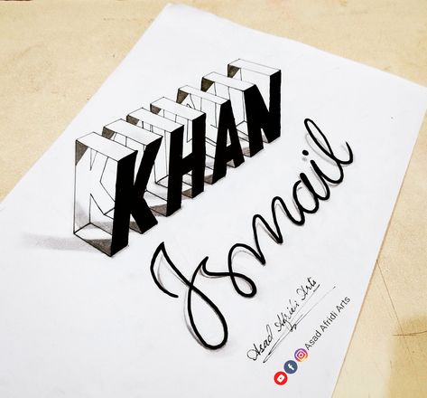 Ismail Khan / 3D Drawing / Youtube, Facebook & Instagram 👉 Asad Afridi Arts Paracord Bracelet Patterns, Cool Signatures, Page Decoration, 3d Art Drawing, Hand Lettering Inspiration, Calligraphy Art Print, Hand Lettering Art, Hand Lettering Alphabet, Lettering Alphabet Fonts