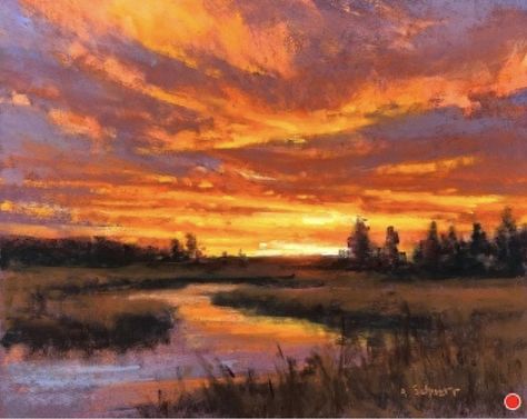 Oil Pastel Landscape, Drawing Sunset, Soft Pastels Drawing, Soft Pastel Art, Landscape Painting Tutorial, Pastel Sec, Pastel Landscape, Impressionist Landscape, Lake Art