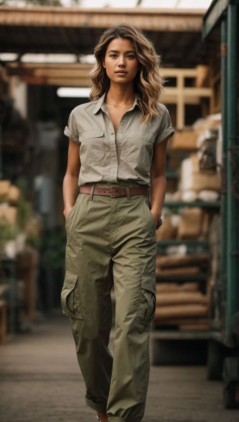 Safari Outfit Women, Cargo Pants Women Outfit, Cargo Pants Outfit Ideas, Khakis Outfit, Safari Outfit, Women's Street Style, Safari Outfits, Cargo Pants Outfit Women, Pants Outfit Ideas