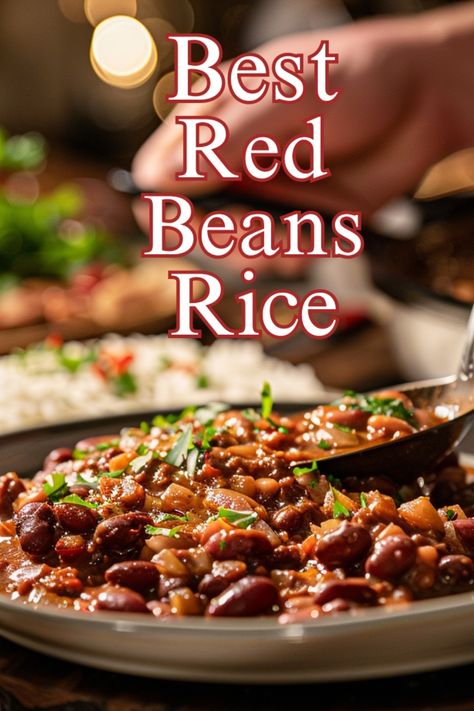 Scene of Louisiana-Style Red Beans with Aromatic Rice being plated for serving Mexican Beans And Rice Authentic, Mexican Red Beans And Rice Recipe, Southern Red Beans And Rice Recipe, Louisiana Red Beans And Rice Recipe, Louisiana Red Beans And Rice, Louisiana Red Beans, Mexican Beans And Rice, Red Beans And Rice Recipe, Red Beans N Rice Recipe