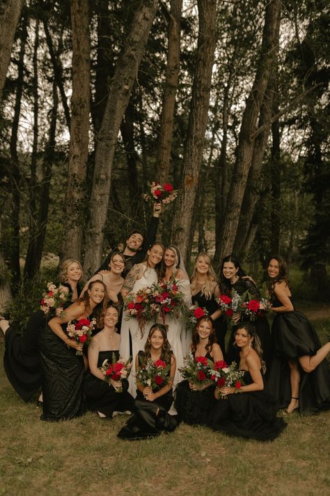 We love a bold wedding moment! Whether you're a bold bride or a sucker for a traditional look, we'll help you pick the perfect florals for your big day. Click the link in our bio to schedule a free wedding consultation! Venue: @blackcanyoninn Photography: @graciewilsonphotography Hair: @bridalbylexborino Makeup: @nicoletoledomakeupartistry DJ: @hellowanderbeats Cake & Desserts: @crumblcookies Dress Designers: @sarahseven @madewithlovebridal Jacky’s Tattoo Artist: @theangelrose * * * * * #wed... Black Bridesmaid Dress Mismatched, Red Bridesmaid, Bridesmaid Bouquets, Mismatched Bridesmaid Dresses, Red Bridesmaid Dresses, Black Bridesmaid Dresses, Black Wedding Dresses, Bridesmaid Flowers, Wedding Moments