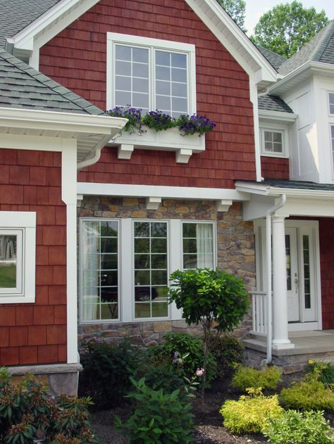 Second story window box. Red House With Black Windows, Window Box Second Story, 2nd Story Window Boxes, Tan And Burgundy House Exterior, Red Craftsman House Exterior, Second Story Window Flower Boxes, Craftsman House Exterior, Stone Siding Exterior, Exterior Updates