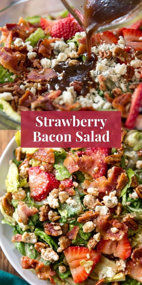 With its varying textures and the simple honey balsamic vinaigrette on top, this is our favorite strawberry bacon salad. #saladrecipes #bacon #favoriterecipes Strawberry Bacon Salad, Chicken Bacon Salad, Bacon Kale, Balsamic Vinaigrette Salad, Strawberry Salad Recipe, Honey Balsamic Vinaigrette, Recipe Keeper, Salad Recipes Healthy Easy, Honey Barbecue