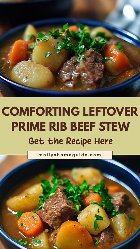 Looking for a delicious way to use up leftover prime rib? Try making a hearty beef stew! This comforting stew is perfect for chilly nights and is a great way to repurpose your leftovers into a whole new dish. With rich flavors and tender chunks of beef, this stew will warm you up from the inside out. It's easy to make and can be enjoyed on its own or served over rice or mashed potatoes for a satisfying meal. Soup With Leftover Prime Rib, Leftover Prime Rib Beef Stew, Left Over Rib Roast Recipe, Soup With Prime Rib Bones, Prim Rib Leftover Recipes, Beef Stew With Leftover Roast, Beef Stew Leftover Ideas, Rib Roast Leftover Ideas, Leftover Prime Rib Recipe