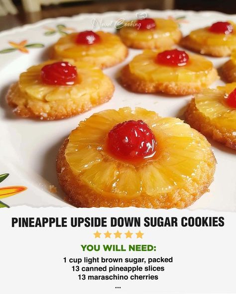 Novel Cooking Community | Pineapple Upside Down Sugar Cookies | Facebook Pineapple Upside Down Cake Sugar Cookies, Pineapple Upside Cookies, Pineapple Upside Down Cake Cookies, Upside Down Pineapple Cookies, Pineapple Upside Down Cookies Recipe, Pineapple Upside Sugar Cookies, Pineapple Upside Down Sugar Cookies, Pineapple Upside Down Cookies, Pineapple Sugar Cookies