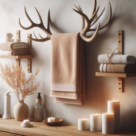 Deer Hunting Bathroom Decor, Deer Head Mantle Decor, Deer Bathroom Decor, How To Display Deer Antlers, Rustic Living Room Wall Decor Ideas, Vaulted Wall Decor Ideas, Camp Decorating Ideas, Deer Horns Decor, Diy Antler Projects