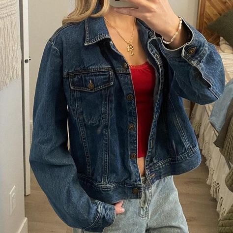 dark wash denim jacket  brand unknown no tag... - Depop Demin Jacket Outfit Women, Denim Jacket Outfit Aesthetic, Dark Denim Jacket Outfit, Cute Cardigan Outfits, Coquette Y2k, Dark Wash Denim Jacket, Dark Denim Jacket, Jacket Outfit Women, Demin Jacket