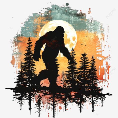 bigfoot with trees and retro sunset Bigfoot Clipart, Bigfoot Svg, Pie Grande, Bigfoot Art, Summertime Crafts, Psd Background, Fire Flower, Aliens And Ufos, Retro Sunset