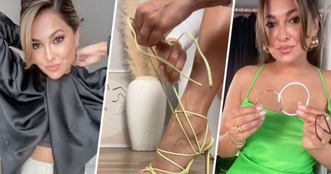 Lina Noory, Tik Tok Fashion, Fashion Tricks, Hoop Dress, Oversized Hoop Earrings, Shirt Hacks, Shoes Hack, Fashion Tape, Tiktok Fashion