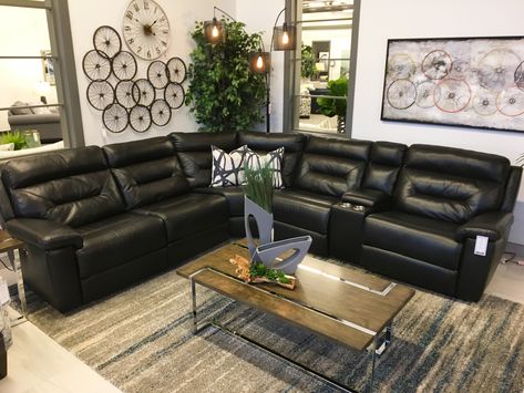 Recline in style with our Kade power reclining sectional!  This model features supple black leather seating! Black Leather Sectional Living Room, Black Recliner, Recliner Sectional, Black Leather Recliner, Sectional Living Room, Black Living, Recliner Couch, Black Living Room, Model Features