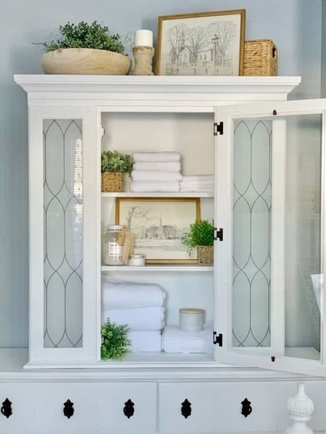 Turn a basic dresser and a thrifted glass hutch top into a beautiful statement piece! Wall China Cabinet, Rosemary Topiary, China Cabinet Hutch, China Cabinet Makeover, Cabinet Hutch, Painted China Cabinets, Cordless Lamp, Hutch Makeover, Film China