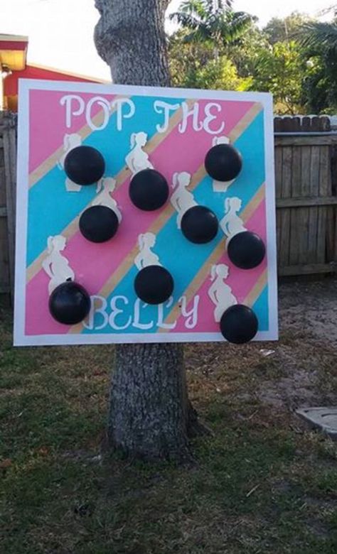 My gender reveal board! Pop the belly! It's a girl btw Gender Reveal Ideas For Decoration, Pop The Belly Gender Reveal, Pop The Belly Game, Gender Reveal Funny Ideas, Funny Gender Reveal Themes, Diy Gender Reveal Games, Mini Baby Shower Ideas, Gender Reveal Ideas Funny, Gender Reveal Ideas Games