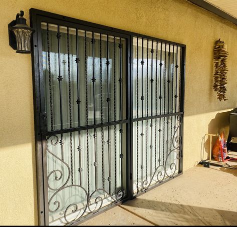 Security gate over sliding glass doors Security Sliding Doors Patio, Glass Door With Grill, Sliding Glass Door Security, Youtube Room, Sliding Gate Design, Burglar Bars, Door Grill, Copper House, Iron Door Design