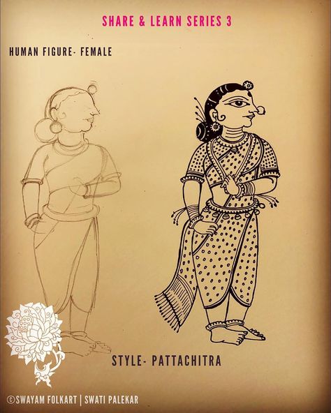 Swati Palekar on Instagram: “Hello there!  Today lets draw another human figure- Female in Pattachitra style today.  As mentioned in my earlier post we start by…” Phad Painting, Kerala Mural Painting, Kalamkari Painting, Mandala Art Therapy, African Art Paintings, Abstract Face Art, Pichwai Paintings, Mandala Art Lesson, Tanjore Painting